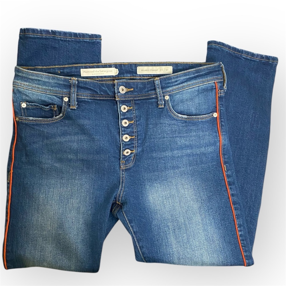 Pilcro and the Letterpress Relaxed Straight Blue Jeans with Orange Trim - Picture 7 of 13
